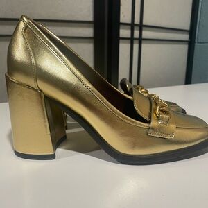 Women's Size 8 Franco Sarto Miri Loafer Gold Block High Heel Pump Shoes